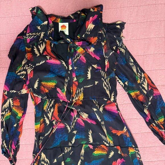 Farm Rio Black Macaws Flight Maxi Dress Tie Neck Leopard Tiered Animal Print XS - Picture 8 of 10